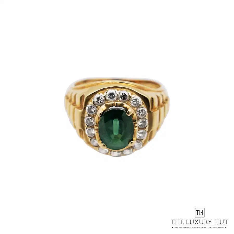 18ct Yellow Gold Green Tourmaline Diamond Gents Ring